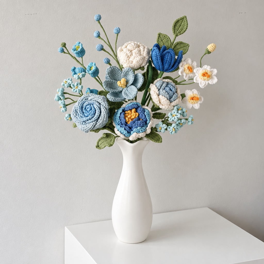 Crochet Blue Flower Bouquet in White Vase