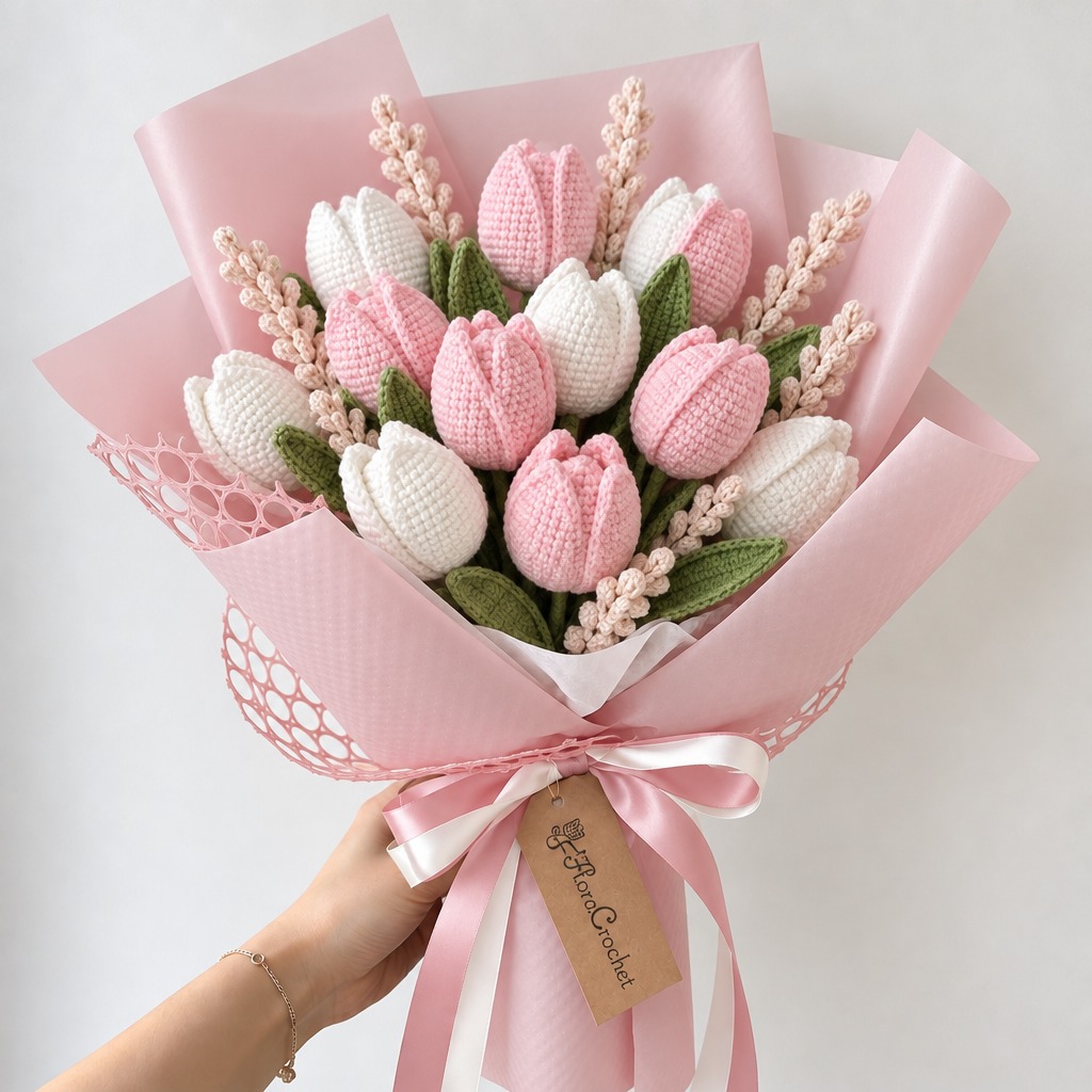 Crochet Pink and White Tulips Bouquet
