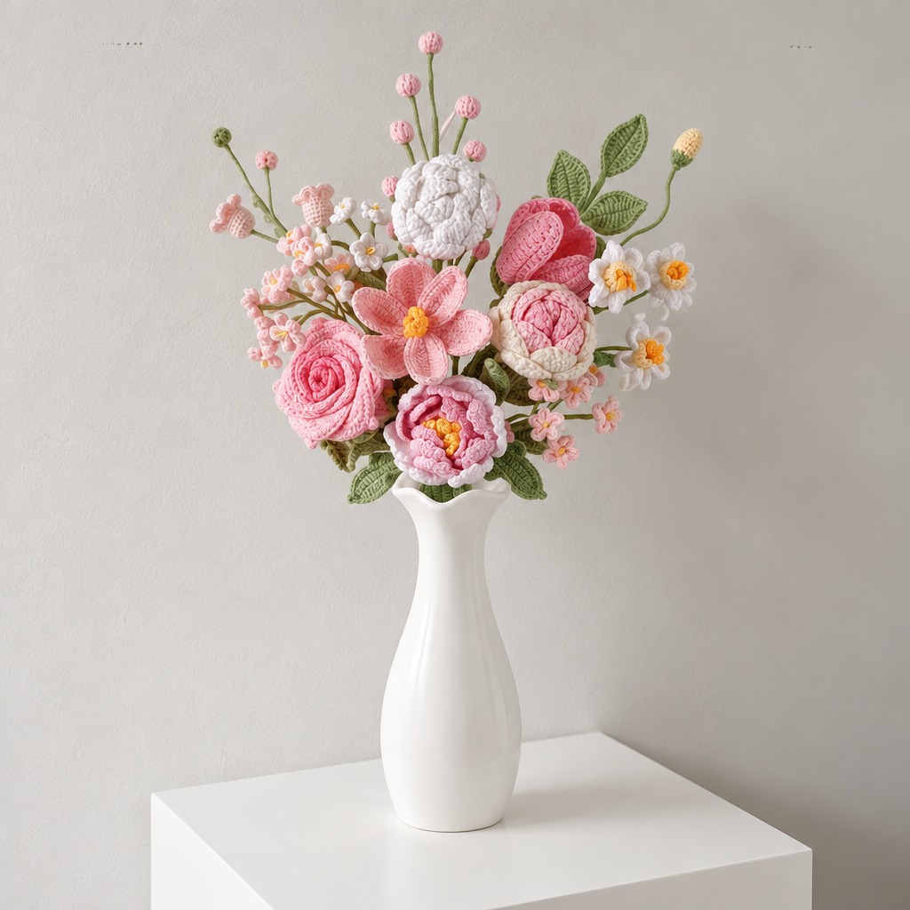 Crochet Pink Flower Bouquet in White Vase