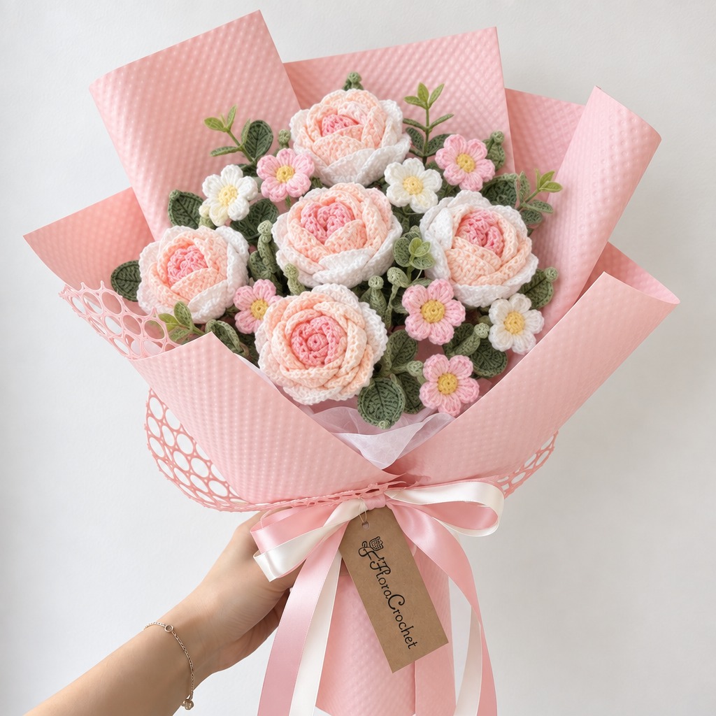 Crochet Pink Rose Bouquet