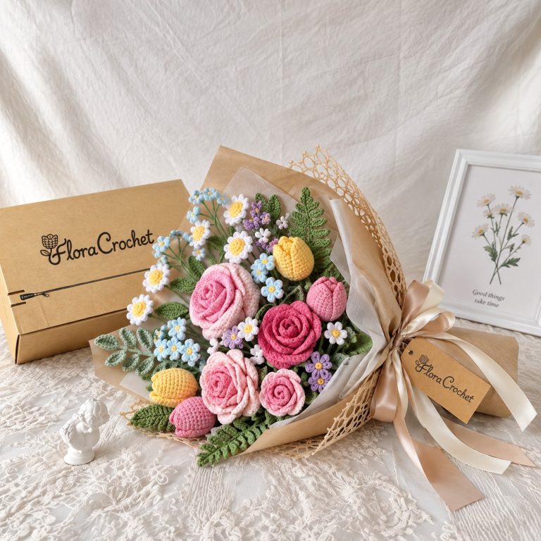 Spring Posy – Crochet Pink Rose and Tulip Bouquet porté