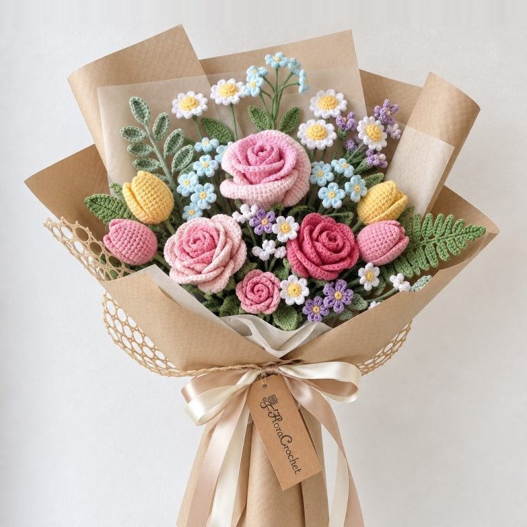 Spring Posy – Crochet Pink Rose and Tulip Bouquet