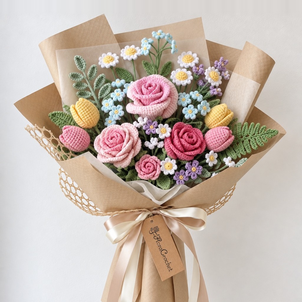 Crochet Pink Rose and Tulip Bouquet