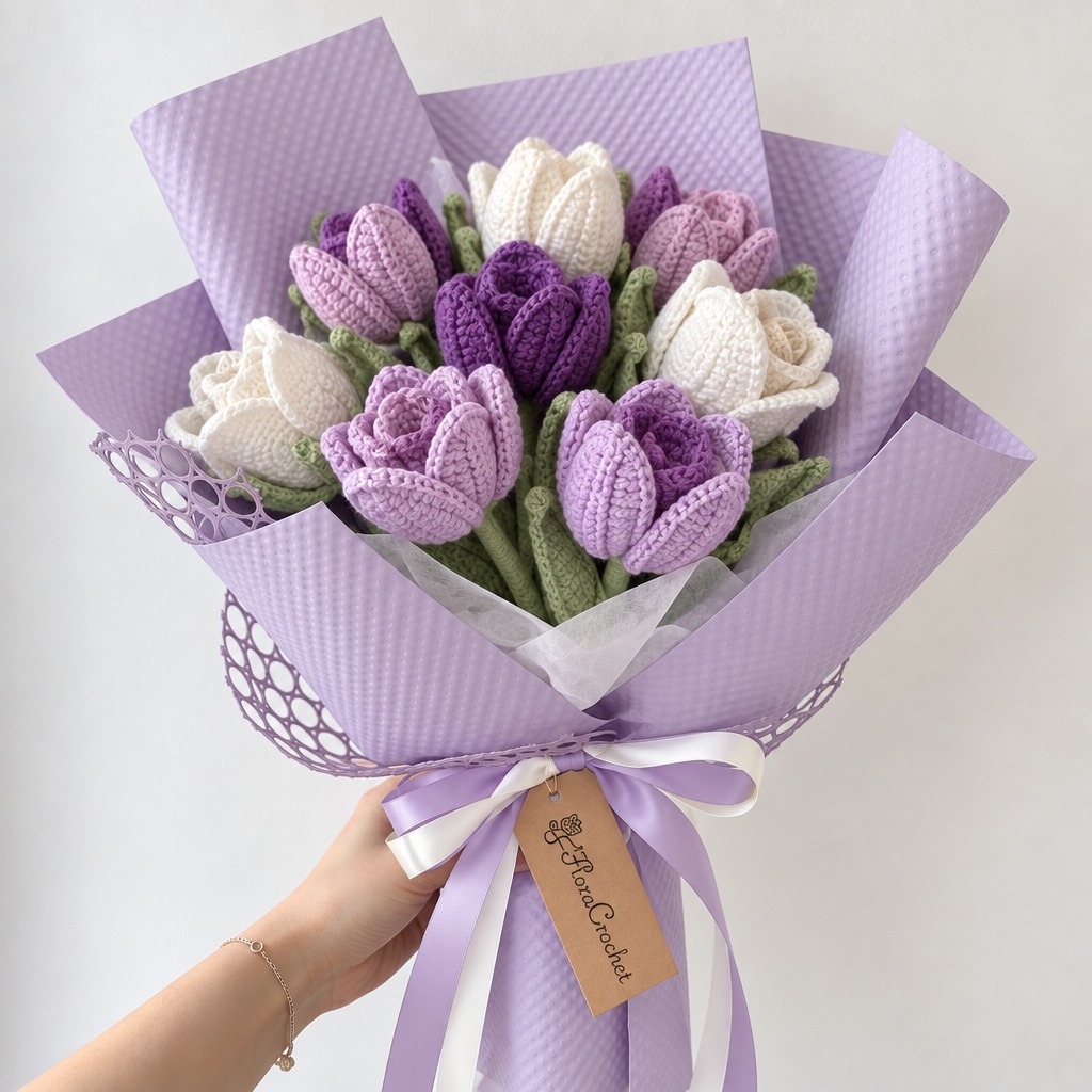 Crochet Purple and White Tulips Bouquet