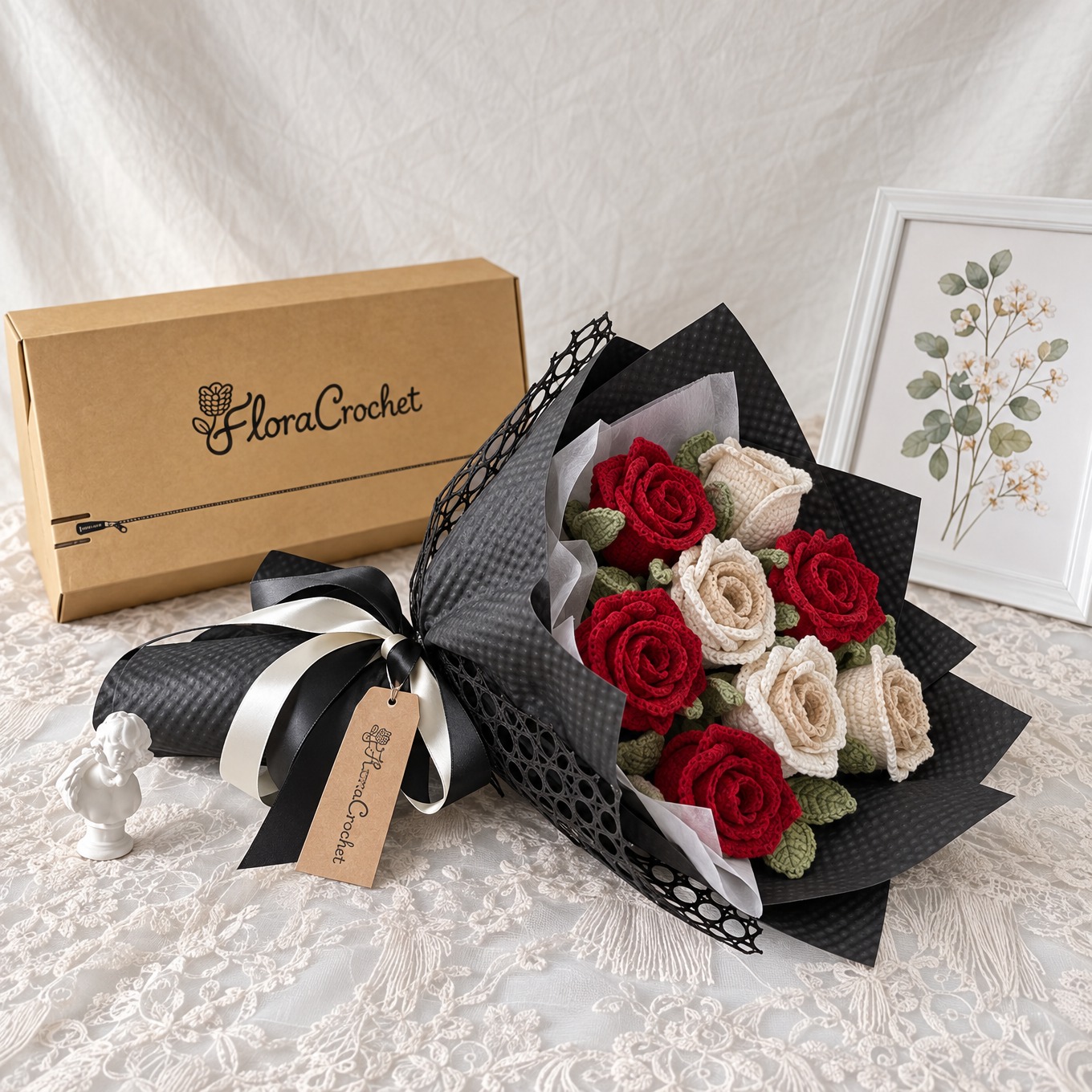 Midnight Romance – Crochet Red and Cream Rose Bouquet – FloraCrochet
