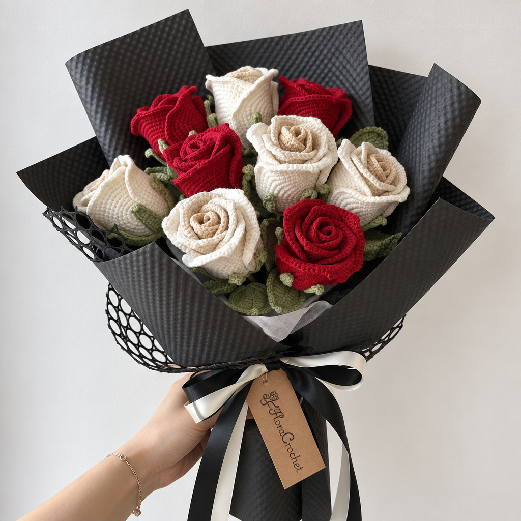 Midnight Romance – Crochet Red and Cream Rose Bouquet – FloraCrochet