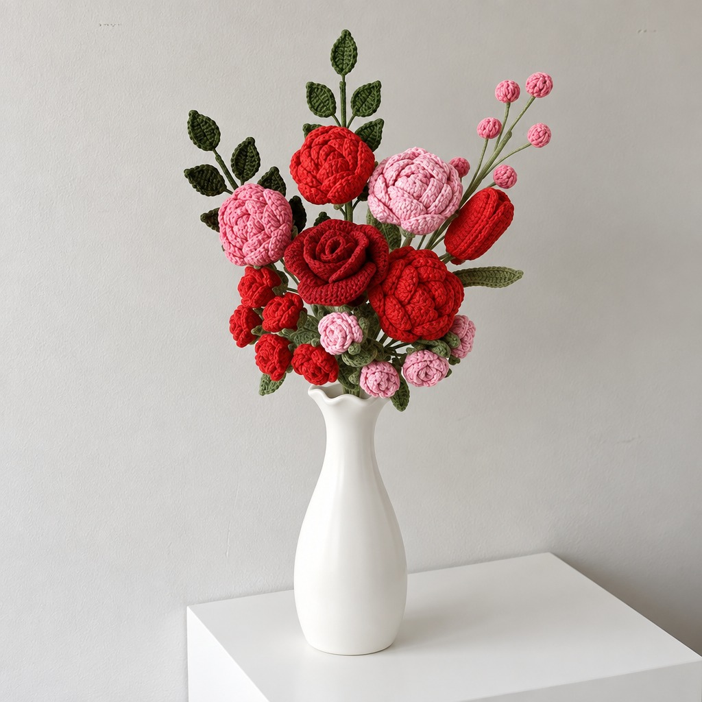 Crochet Red and Pink Rose Bouquet in White Vase