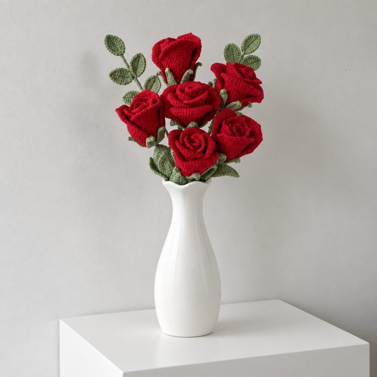 Scarlet Keepsake – Crochet Red Rose Bouquet in White Vase