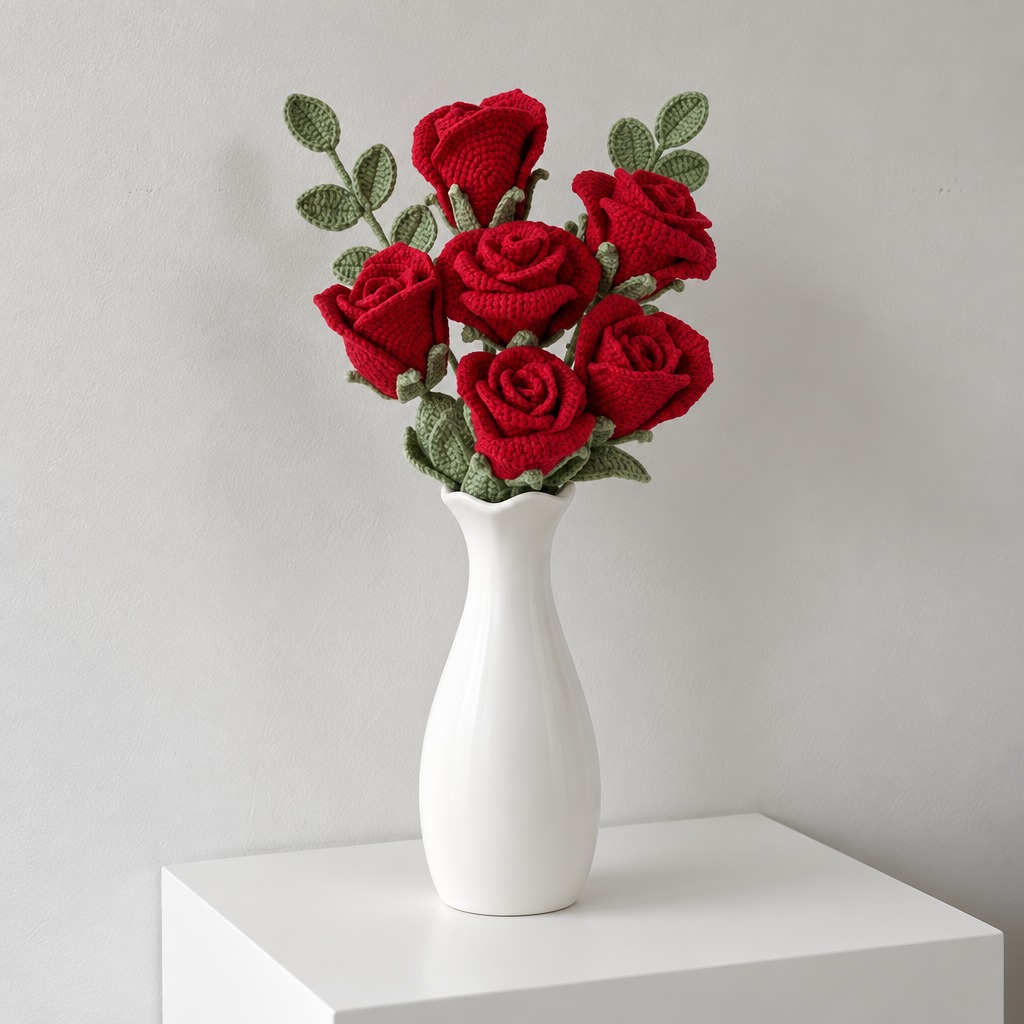 Crochet Red Rose Bouquet in White Vase