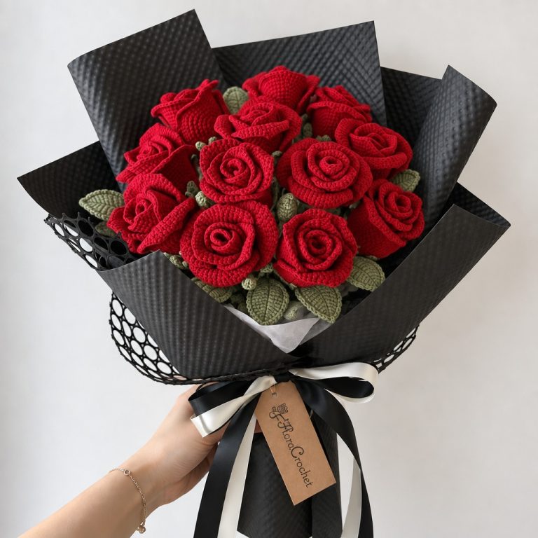 Forever Yours – Crochet Red Roses Bouquet in Black Wrap