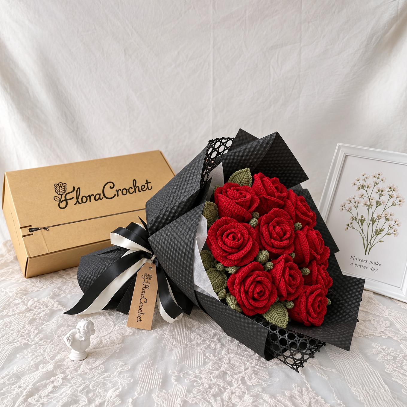 Crochet Red Roses Bouquet in Black Wrap with FloraCrochet gift box