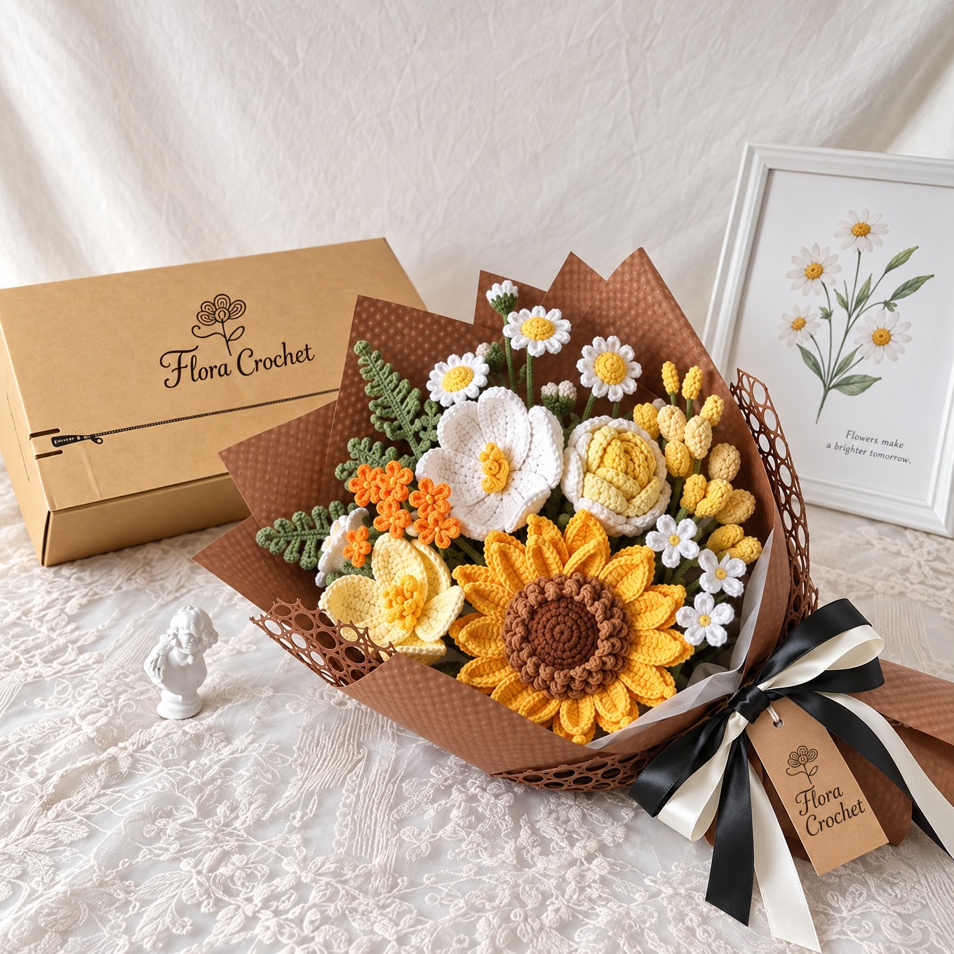 Crochet Sunflower and Daisy Bouquet with FloraCrochet gift box