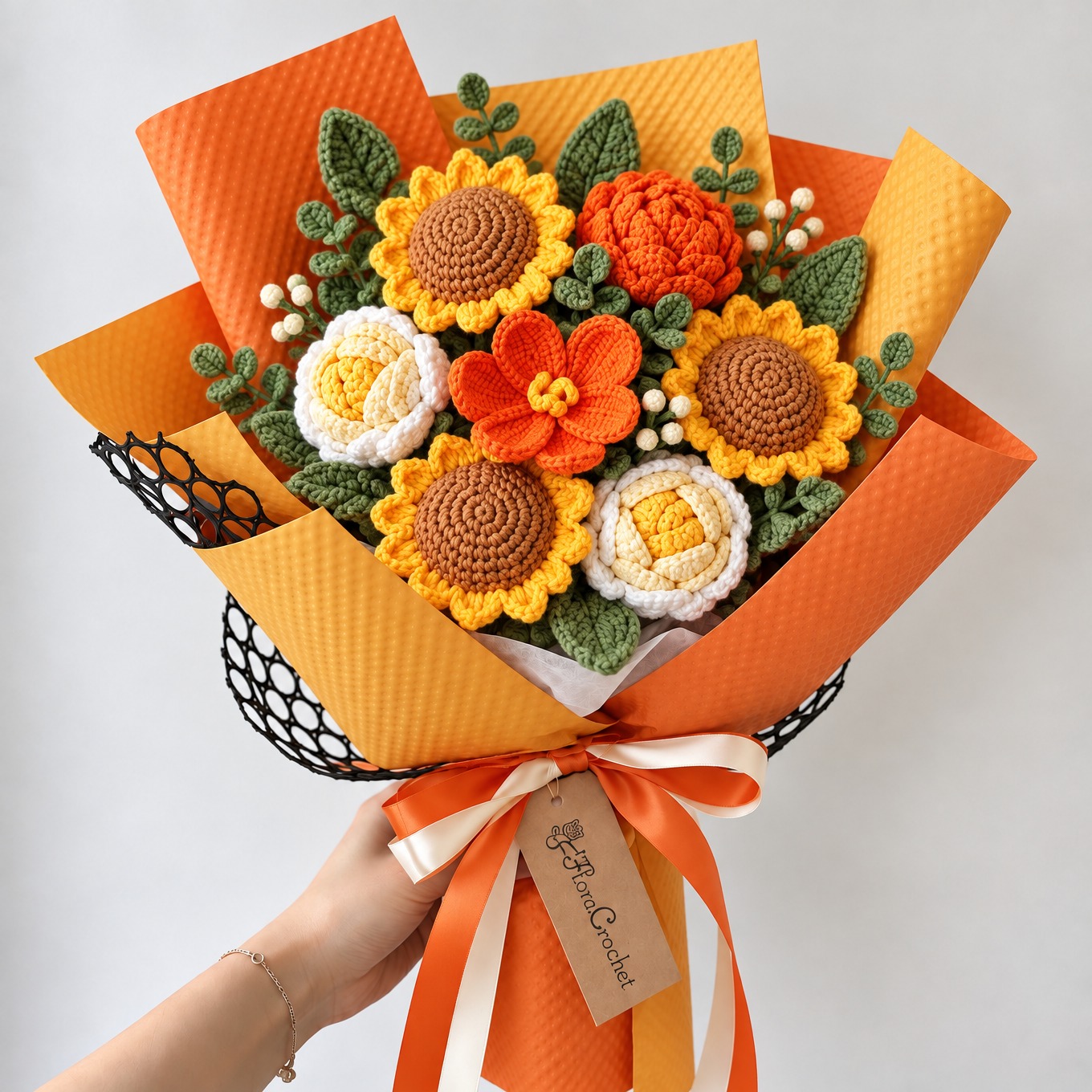 Crochet Sunflower Bouquet with Orange Roses